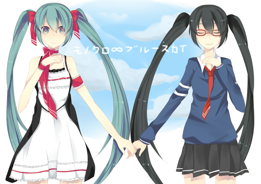 black_hair, closed_eyes, dress, dual_persona, glasses, green_eyes, green_hair, hatsune_miku