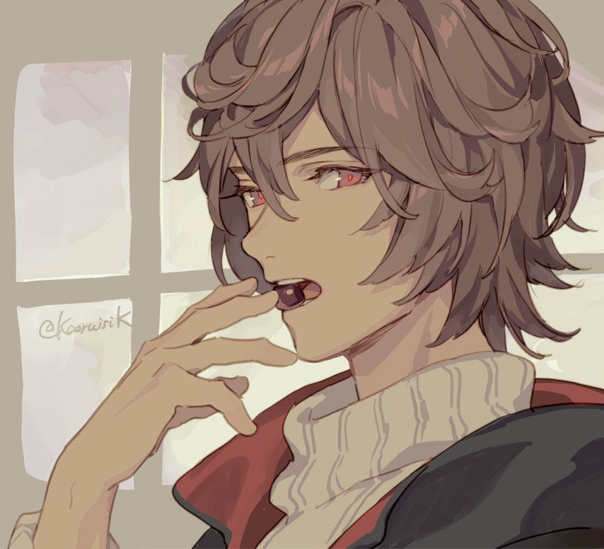 1boy, artist_name, biting, brown_hair, chocolate, cropped_shirt, expressionless, food, granblue_fantasy, hair_between_eyes, hand_up, holding, holding_chocolate, holding_food, looking_at_viewer, male_focus, messy_hair, open_mouth, portrait, pota_(bluegutty), red_eyes, sandalphon_(granblue_fantasy), sandalphon_(valentine)_(granblue_fantasy), short_hair, signature, solo, sweater, turtleneck, twitter_username, white_sweater, window