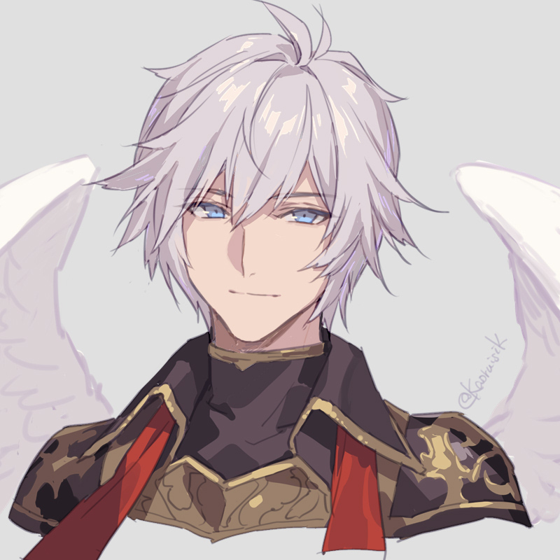 1boy, ahoge, angel_wings, armor, artist_name, blue_eyes, commentary_request, expressionless, feathered_wings, granblue_fantasy, grey_background, hair_between_eyes, light_smile, looking_at_viewer, lucifer_(shingeki_no_bahamut), male_focus, messy_hair, portrait, pota_(bluegutty), red_ribbon, ribbon, shoulder_armor, signature, simple_background, solo, turtleneck, twitter_username, white_hair, white_wings, wings