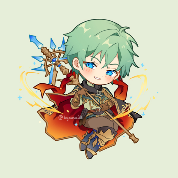 1boy, aqua_eyes, blush, brown_gloves, cape, chibi, ephraim_(fire_emblem), fire_emblem