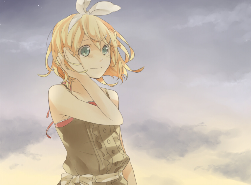 1girl, blonde_hair, booota, camisole, green_eyes, hair_ornament, hairband, hairpin, kagamine_rin, short_hair, sky, solo, vocaloid