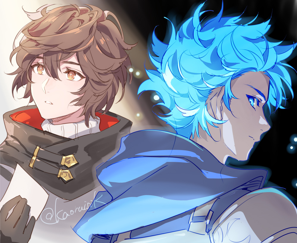 2boys, ahoge, alternate_costume, artist_name, black_gloves, black_jacket, blue_eyes, blue_hood