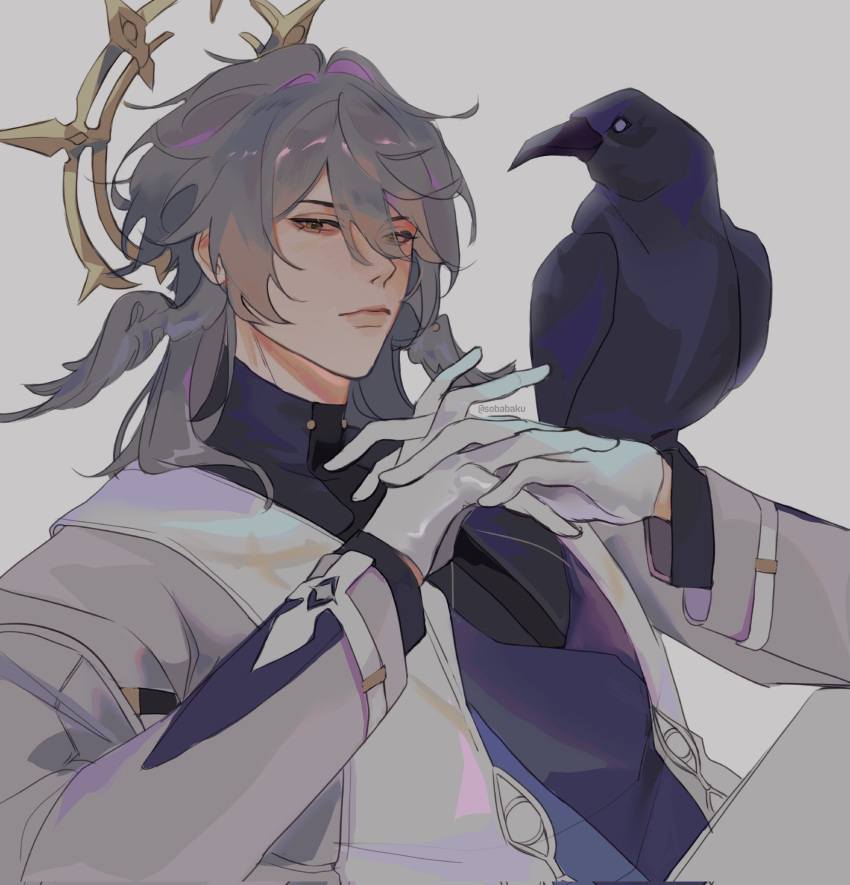 1boy, bird, closed_mouth, coat, crow, earrings, gloves, hair_between_eyes, halo, head_wings, highres, honkai:_star_rail, honkai_(series), jewelry, long_hair, long_sleeves, looking_at_viewer, male_focus, medium_hair, shirt, soba_baku, solo, sunday_(honkai:_star_rail), white_coat, wings, yellow_eyes
