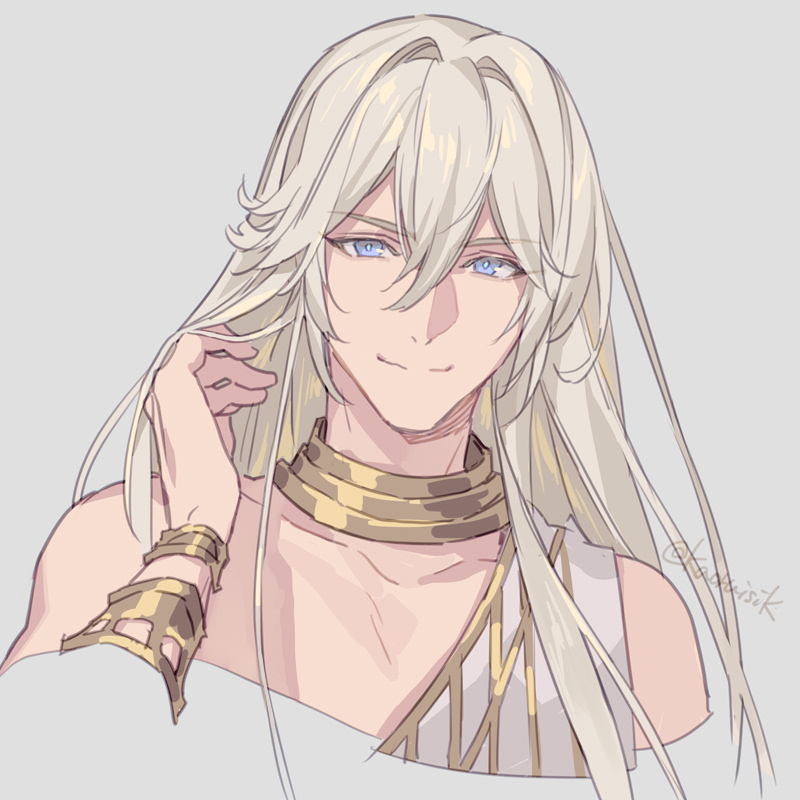 1boy, adjusting_hair, ancient_greek_clothes, armlet, artist_name, commentary_request, facing_viewer, floating_hair, granblue_fantasy, greco-roman_clothes, grey_background, hair_between_eyes, hair_intakes, helel_ben_sahar_(granblue_fantasy), jewelry, long_hair, looking_at_viewer, lucio_(granblue_fantasy), male_focus, messy_hair, neck_ring, official_alternate_costume, portrait, pota_(bluegutty), signature, simple_background, smile, solo, twitter_username