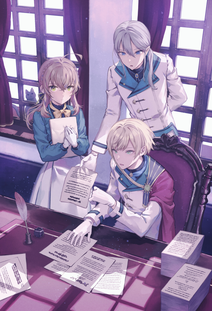 1girl, 2boys, 778-go, ahoge, blonde_hair, blue_eyes, blue_shirt, brown_hair