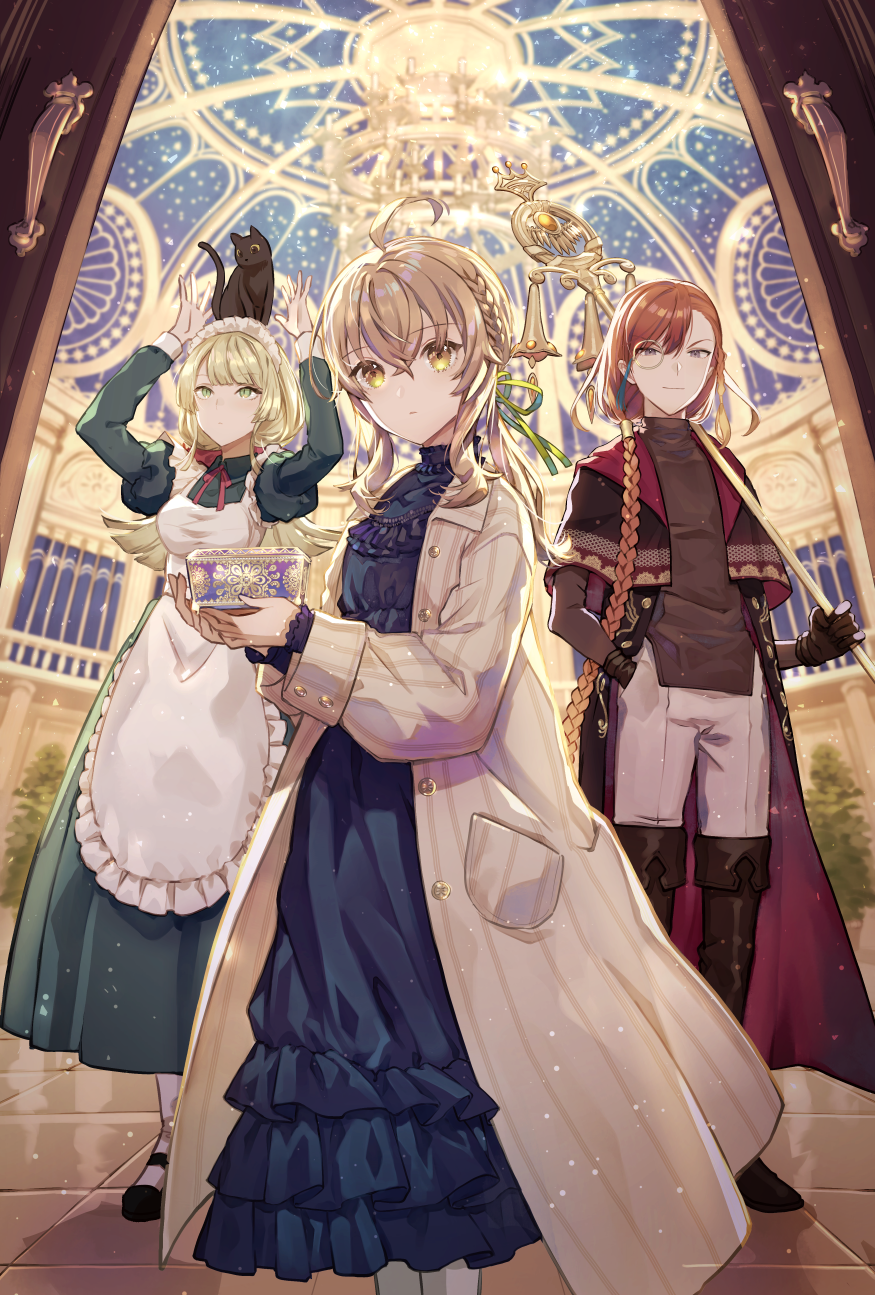 1boy, 2girls, 778-go, ahoge, animal_on_head, apron, arms_up, black_cat, blonde_hair, blue_dress, boots, braid, brown_hair, cat, coat, cover_image, dress, gloves, green_eyes, hair_ribbon, highres, holding, holding_staff, jewelry_box, long_hair, louis_miller, maid, maid_apron, maid_headdress, monica_everett, monocle, multiple_girls, nero_(silent_witch), official_art, on_head, open_clothes, open_coat, partially_fingerless_gloves, pov_doorway, ribbon, rynzbelfeid, sidelocks, silent_witch, single_braid, staff, thigh_boots, very_long_hair