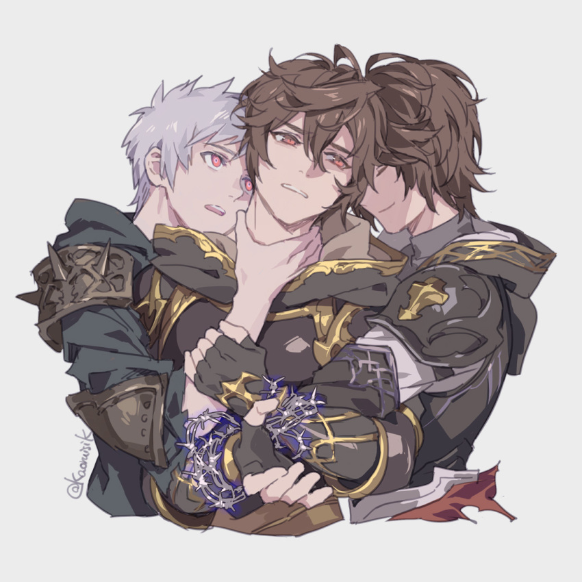 3boys, ahoge, alter_ego_conjurer_(granblue_fantasy), armor, artist_name, black_hoodie, bound, breastplate