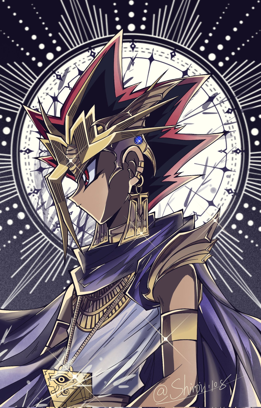 1boy, ankh, atem, black_hair, blonde_hair, blue_cape, cape, dark-skinned_male, dark_skin, earrings, egyptian_clothes, from_side, highres, jewelry, millennium_puzzle, multicolored_hair, red_eyes, redhead, shiroi_1108, solo, twitter_username, two-tone_hair, upper_body, yu-gi-oh!, yu-gi-oh!_duel_monsters