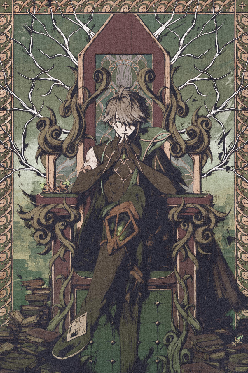 1boy, absurdres, ahoge, akademiya_uniform, akramness, alhaitham_(genshin_impact), armchair, asymmetrical_hair