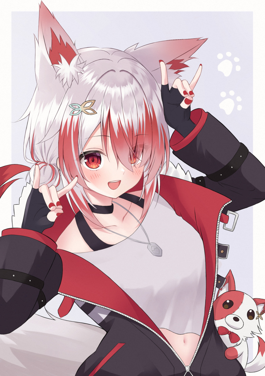 1girl, absurdres, animal_ears, fox_ears, fox_girl, highres, jacket, looking_at_viewer, multicolored_hair, navel, open_mouth, red_eyes, sakura_neru, smile, streaked_hair, syusetu_kohaku, vee_(vtuber), virtual_youtuber, white_hair