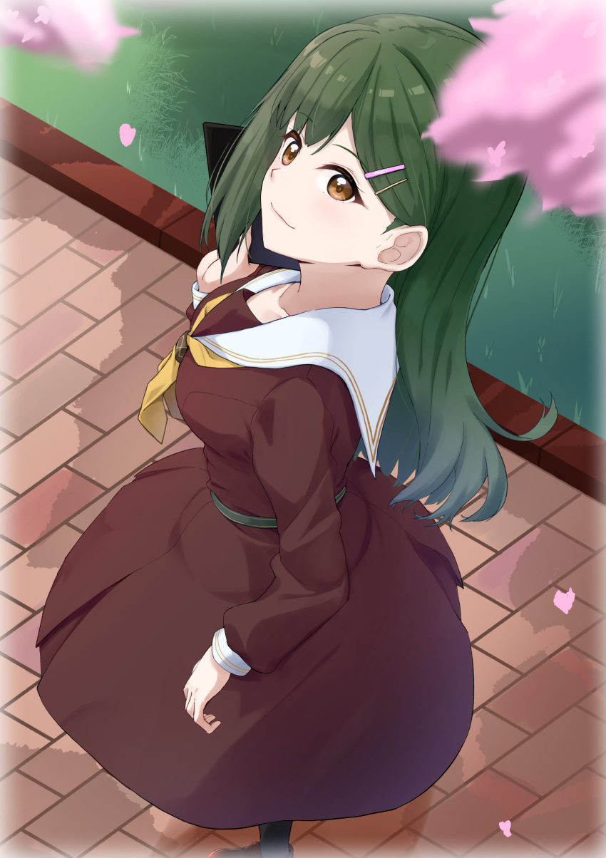 1girl, arm_at_side, black_socks, blurry, blurry_foreground, breasts, brick_road, brown_dress