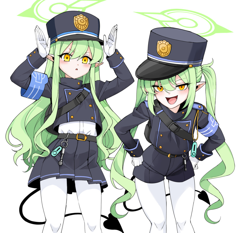 2girls, belt, black_belt, black_hat, black_jacket, black_shorts, black_skirt, black_tail, blue_archive, blush, buttons, demon_tail, double-breasted, feet_out_of_frame, freedom_(aass5404), gloves, green_hair, green_halo, hair_between_eyes, halo, hat, highlander_sidelocks_conductor_(blue_archive), highlander_twintails_conductor_(blue_archive), highres, jacket, long_hair, long_sleeves, multiple_girls, open_mouth, pantyhose, parted_lips, peaked_cap, pleated_skirt, pointy_ears, shorts, sidelocks, simple_background, skirt, smile, tail, twintails, white_background, white_gloves, white_pantyhose, yellow_eyes