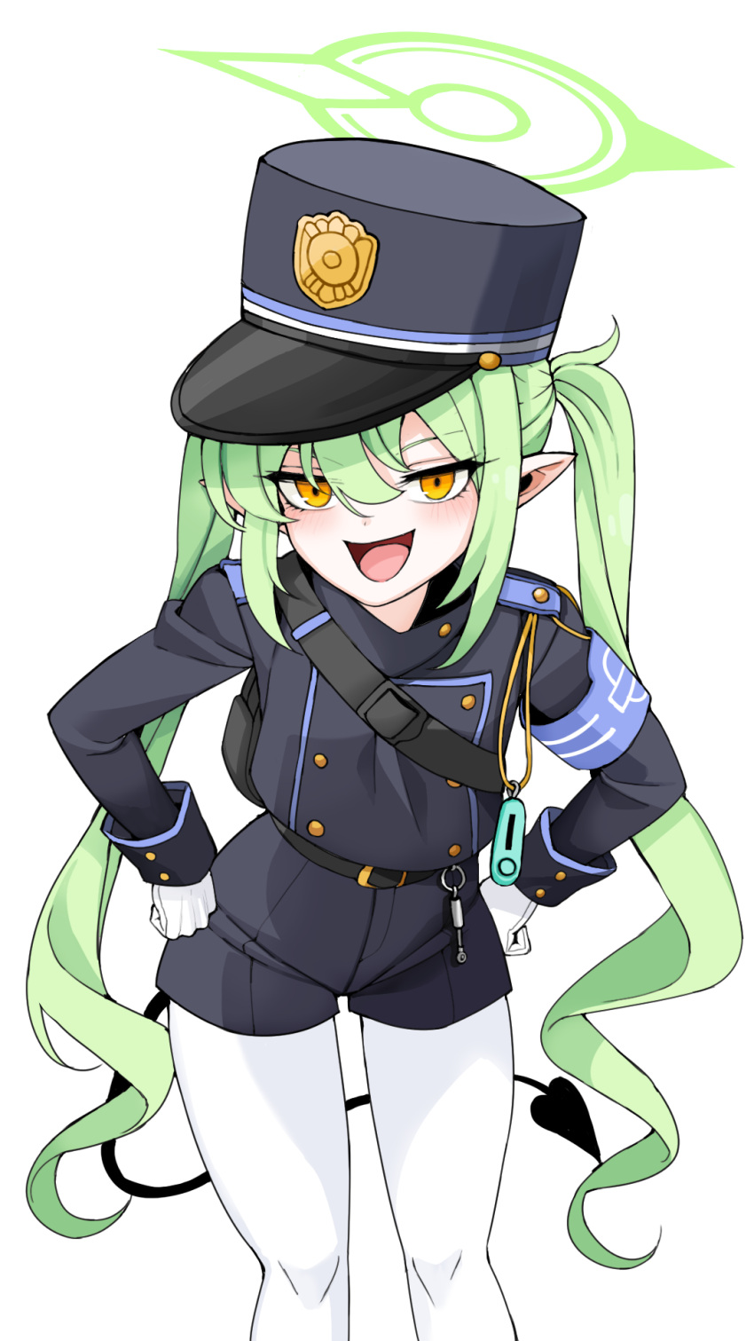 1girl, belt, black_belt, black_hat, black_jacket, black_shorts, black_tail, blue_archive