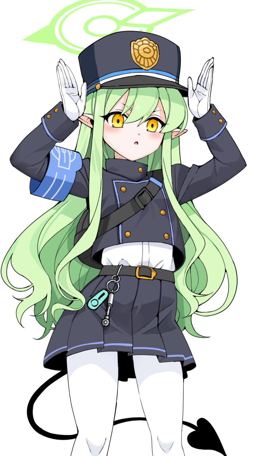 1girl, belt, black_belt, black_hat, black_jacket, black_skirt, black_tail, blue_archive