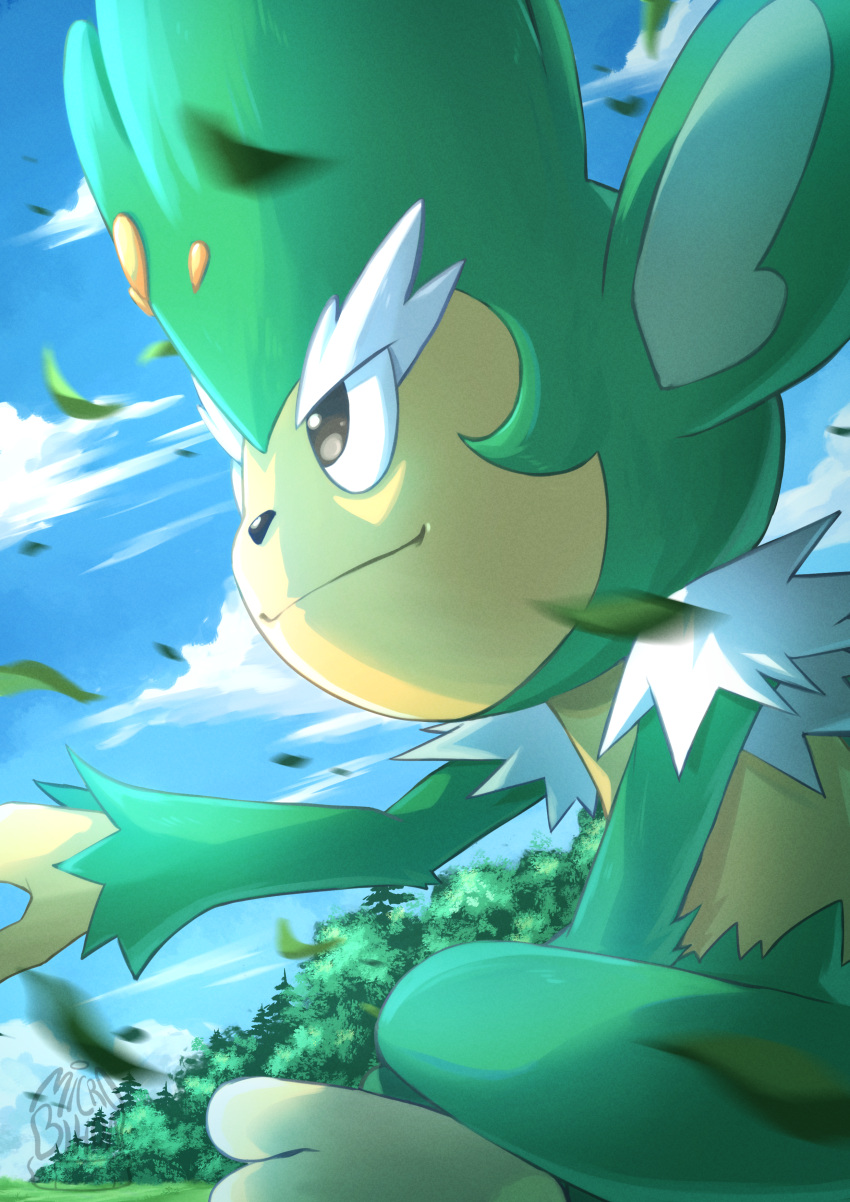 absurdres, artist_name, blue_sky, clouds, day, falling_leaves, from_side, highres, leaf, microbihon, outdoors, pokemon, pokemon_(creature), simisage, sitting, sky, solo, tree