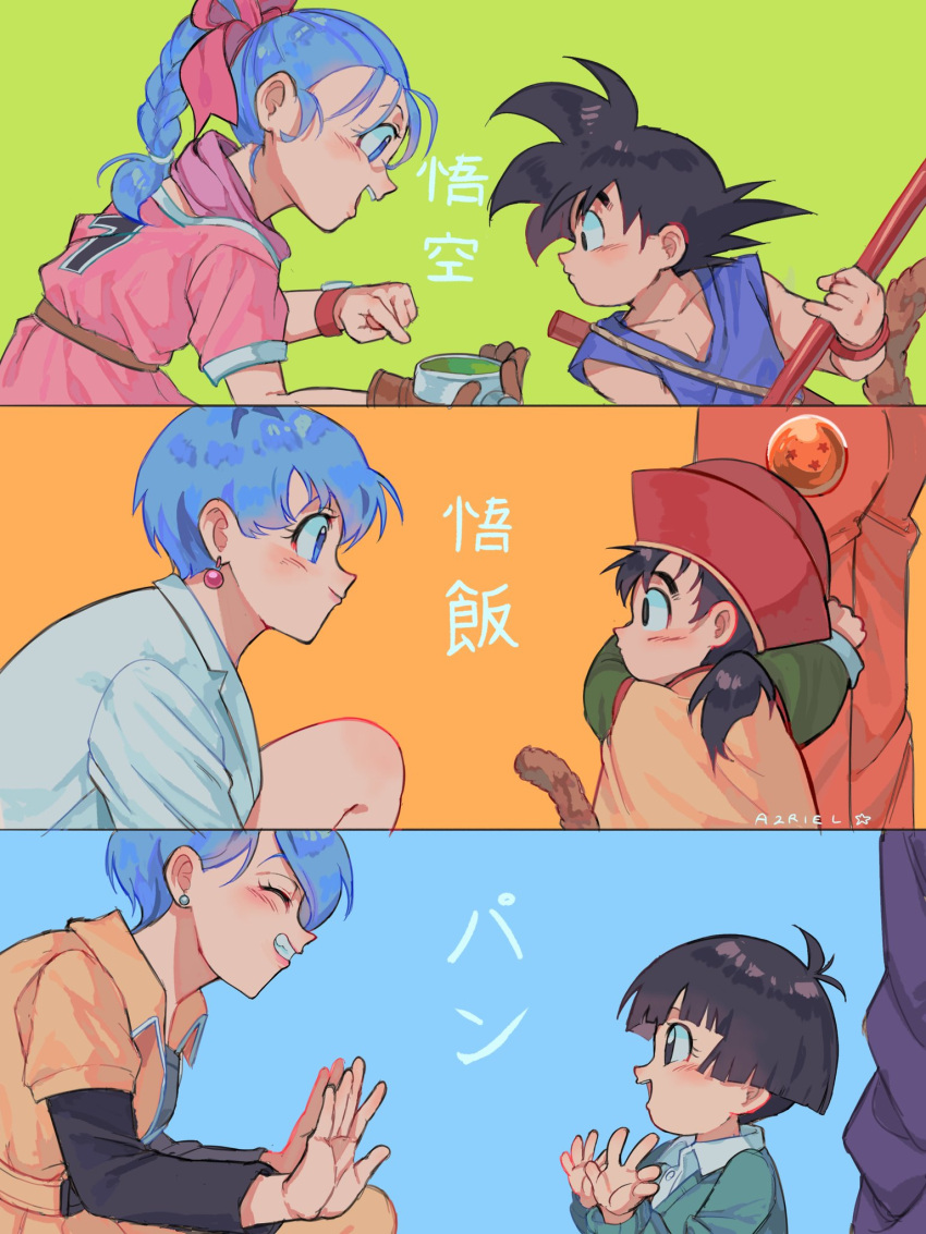 2boys, 2girls, age_progression, black_hair, blue_background, blue_hair, bo_staff, bow, braid, braided_ponytail, bulma, dragon_ball, dragon_ball_(classic), dragon_ball_(object), dragon_ball_super, dragon_ball_super_super_hero, dragon_ball_z, english_commentary, father_and_daughter, father_and_son, green_background, hair_bow, hat, highres, kneeling, looking_at_another, meteorstaar, monkey_tail, multiple_boys, multiple_girls, orange_background, pan_(dragon_ball), ruyi_jingu_bang, short_hair, short_ponytail, simple_background, smile, son_gohan, son_goku, spiky_hair, tail, translation_request