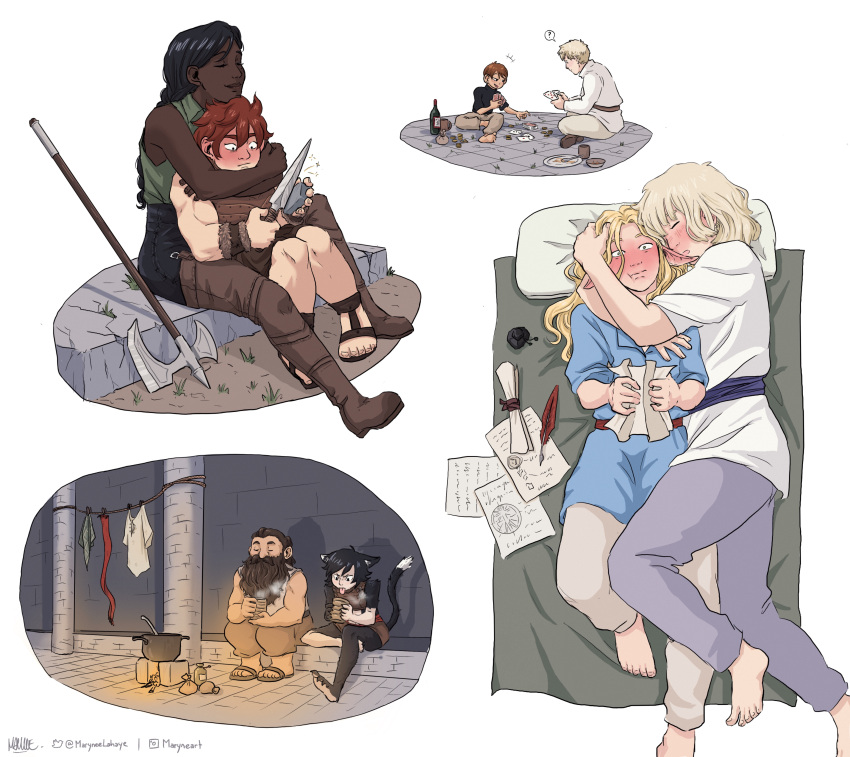 3boys, 5girls, ?, absurdres, animal_ears, armor, axe, beard