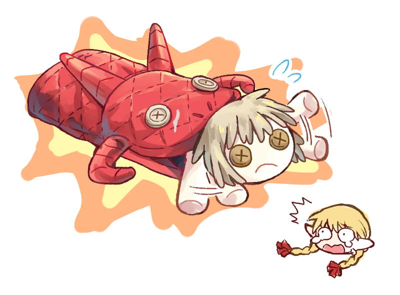 2girls, blonde_hair, bow, braid, button_eyes, character_doll, commentary_request, dragon