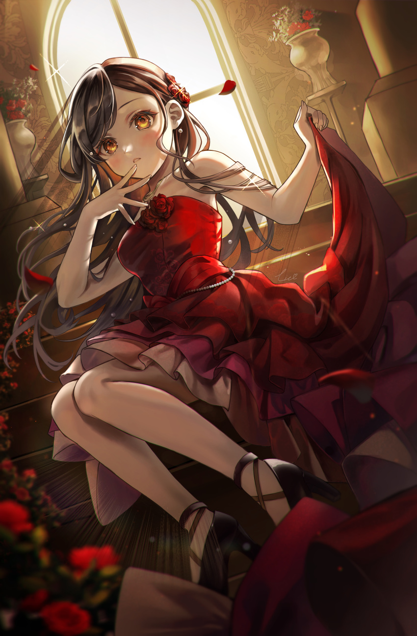 absurdres, brown_hair, dress, flower, highres, looking_at_viewer, orange_eyes, project_sekai, red_dress, red_flower, red_rose, rose, shinku_(user_vvsh7744), shiraishi_an, strapless, strapless_dress, wedding_dress