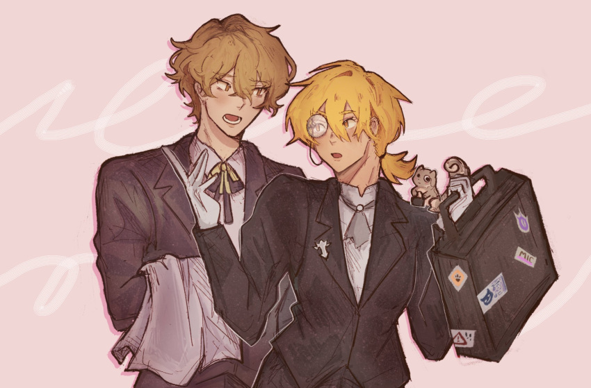 black_pants, black_suit, blonde_hair, briefcase, collared_shirt, don_quixote_(project_moon), gloves, highres