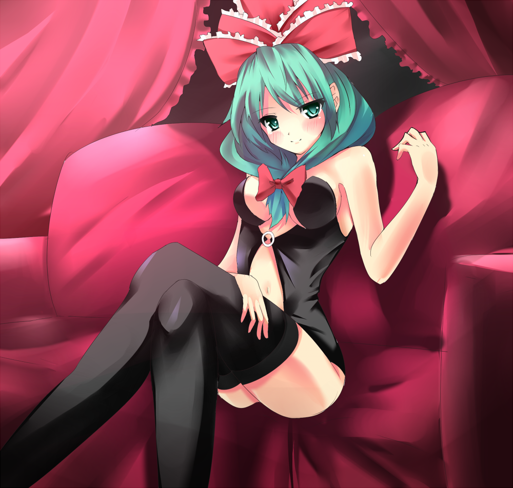 black_legwear, black_thighhighs, blush, bow, breasts, cleavage, couch, crossed_legs