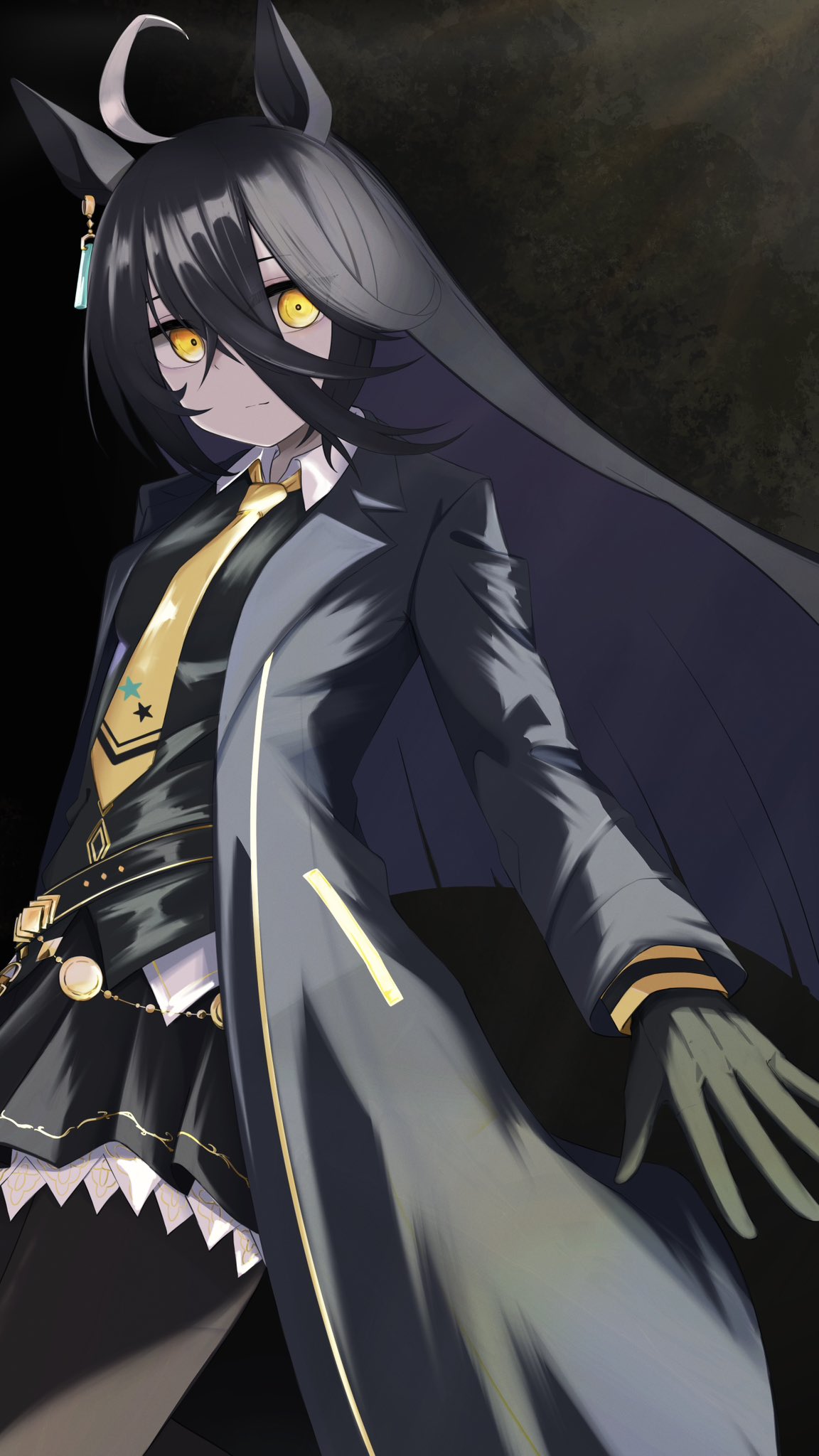 1girl, ahoge, animal_ears, black_gloves, black_hair, black_jacket, black_skirt, book-16key