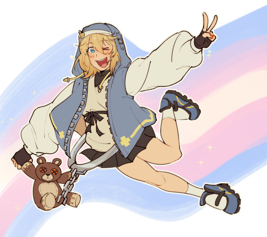 absurdres, androgyne_symbol, aqua_eyes, black_gloves, black_skirt, blonde_hair, blush, bridget_(guilty_gear)