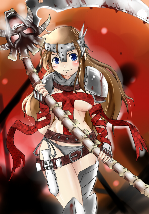 armor, artist_request, bandages, belt, blood, blue_eyes, boots, breasts, brown_hair, cross, dante's_inferno, dante's_inferno, dante_(dante's_inferno), dante_(dante's_inferno), fingerless_gloves, genderswap, gloves, headgear, long_hair, panties, scythe, shoulder_pads, side-tie_panties, smile, underwear, zubatto