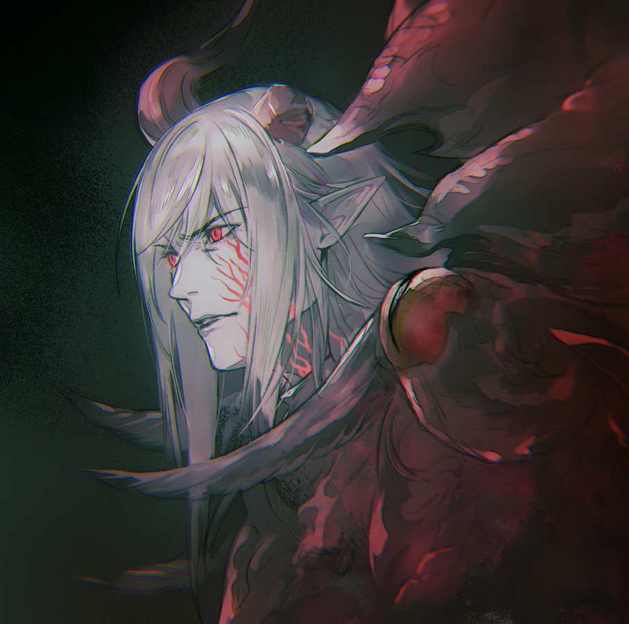 1boy, broken_horn, colored_skin, dragon_horns, elezen, elf, estinien_varlineau, facial_mark
