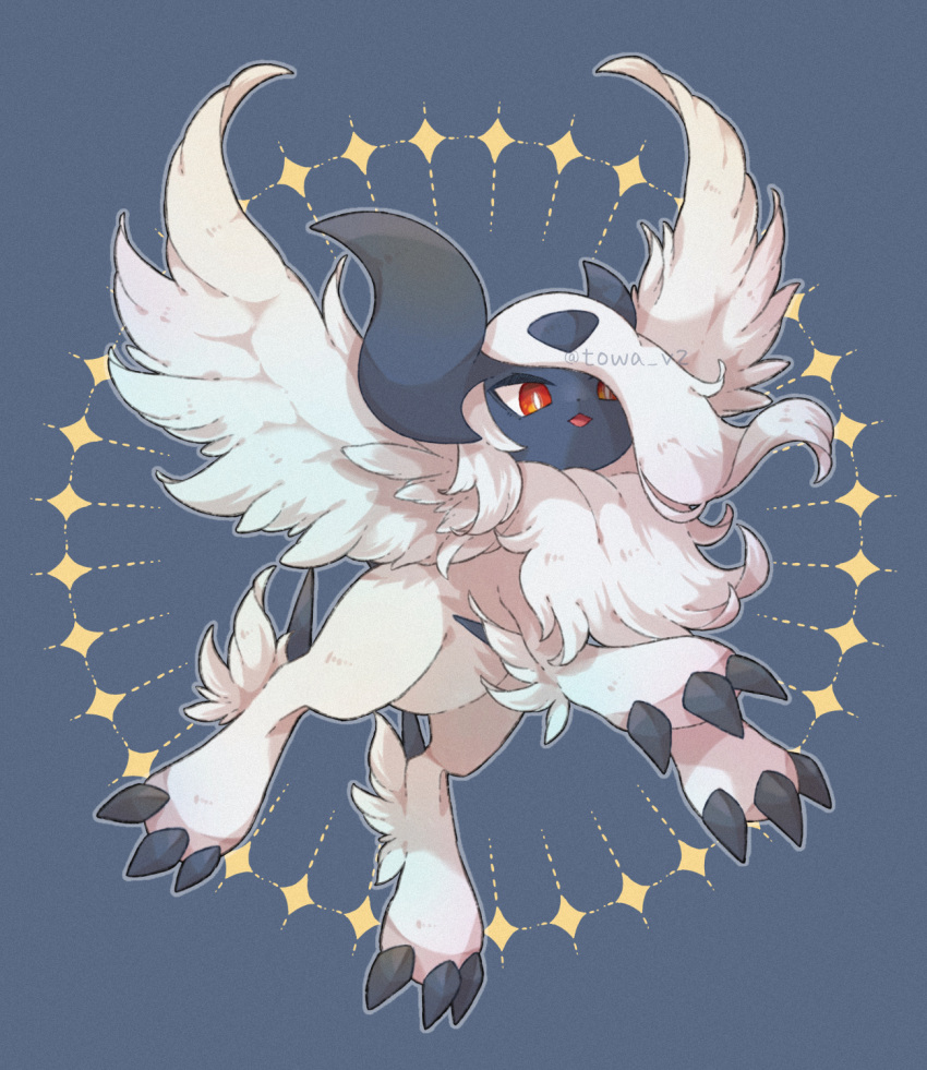 absol, artist_name, blue_background, claws, feathered_wings, full_body, highres, horns