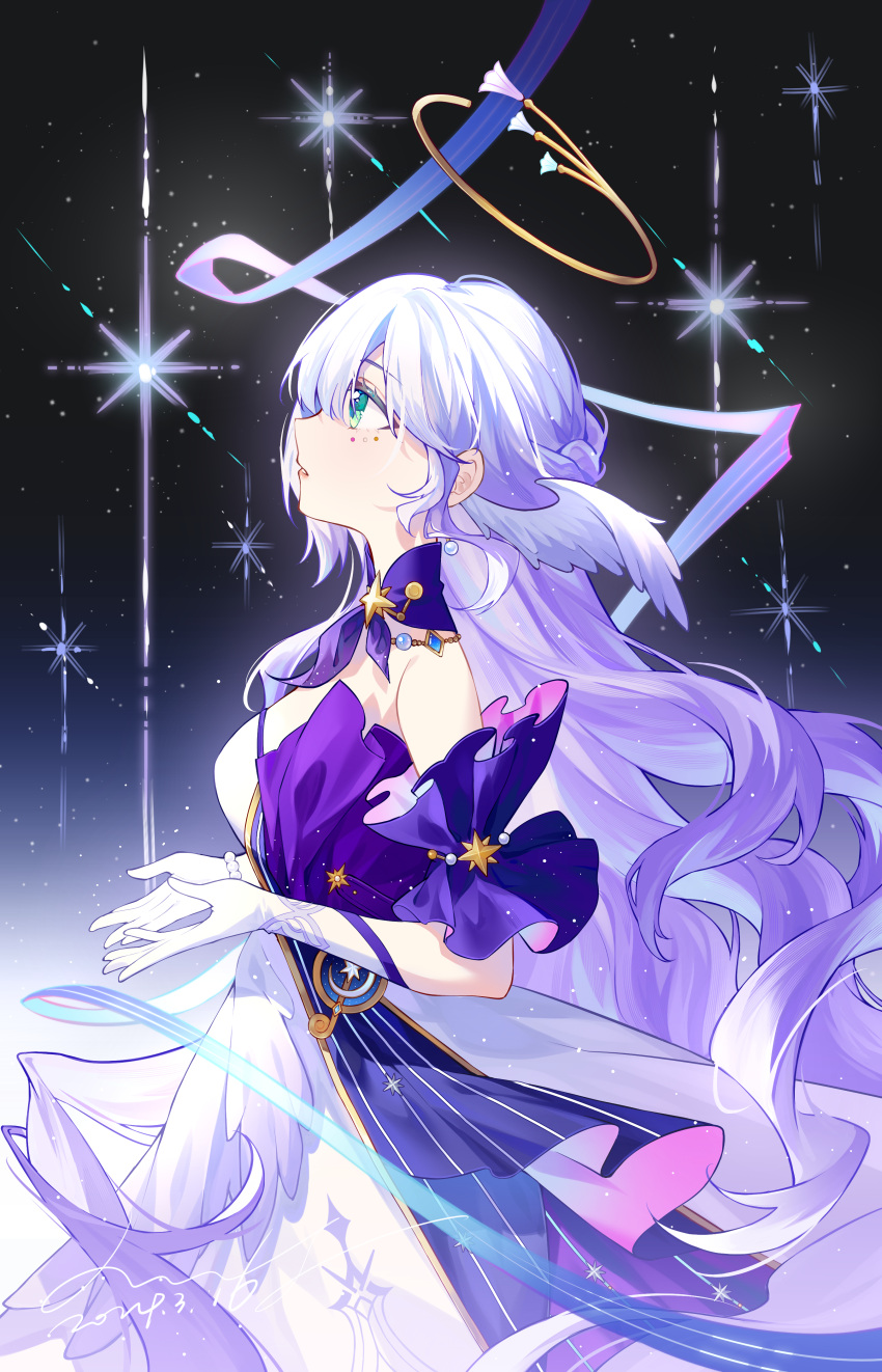 1girl, absurdres, bare_shoulders, cowboy_shot, dated, detached_collar, detached_sleeves, dress