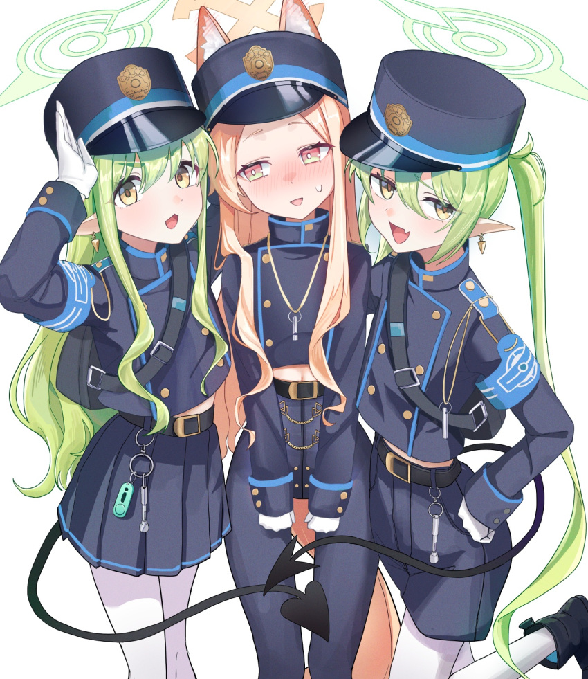 3girls, aoyamapink, belt, black_belt, black_hat, black_jacket, black_pants, black_shorts, black_skirt, black_tail, blonde_hair, blue_archive, blush, buttons, demon_tail, double-breasted, earrings, fang, gloves, green_hair, green_halo, halo, hat, highlander_sidelocks_conductor_(blue_archive), highlander_twintails_conductor_(blue_archive), highres, jacket, jewelry, long_hair, long_sleeves, multiple_girls, open_mouth, pants, pantyhose, peaked_cap, pleated_skirt, pointy_ears, seia_(blue_archive), shorts, sidelocks, simple_background, single_earring, skin_fang, skirt, smile, tail, twintails, white_background, white_gloves, white_pantyhose, yellow_eyes