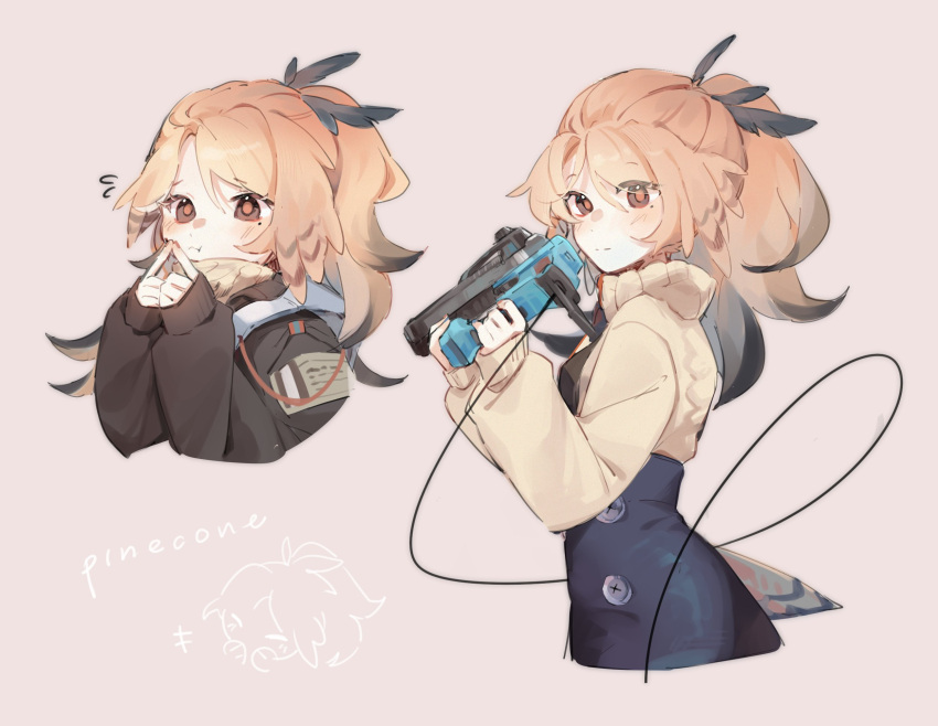 1girl, :t, arknights, black_eyes, black_jacket, blue_skirt, blush, cable_knit