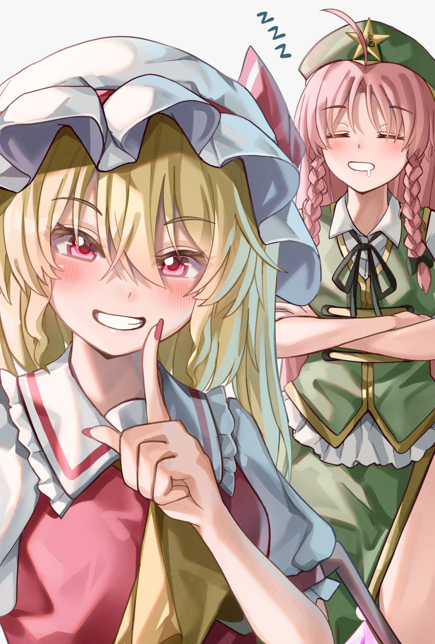2girls, absurdres, ahoge, ascot, beret, black_bow, black_ribbon, blonde_hair