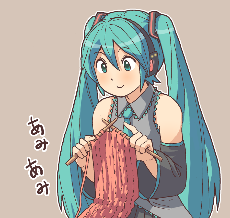 andoryu, aqua_eyes, aqua_hair, detached_sleeves, hatsune_miku, knitting, long_hair, smile, solo, twintails, vocaloid