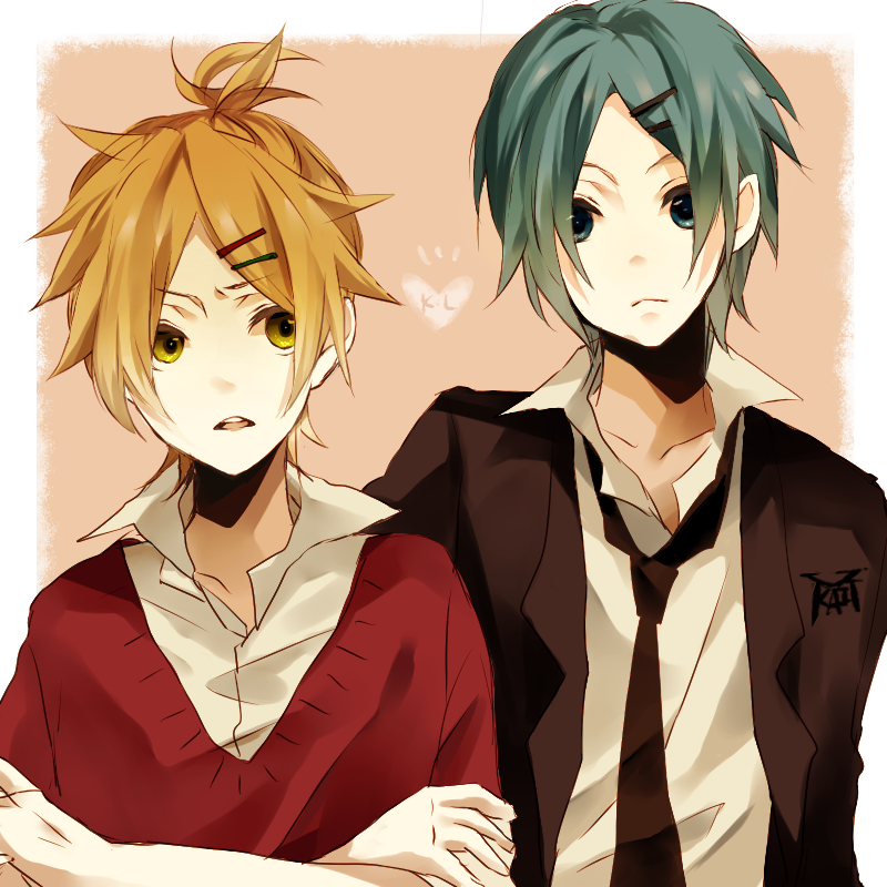 bad_id, blonde_hair, blue_eyes, blue_hair, blush, hair_ornament, hairclip, kagamine_len