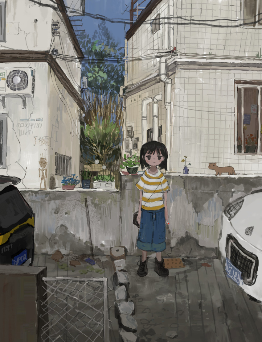 1girl, absurdres, akziqi, arms_at_sides, bag, black_eyes, black_footwear, black_hair