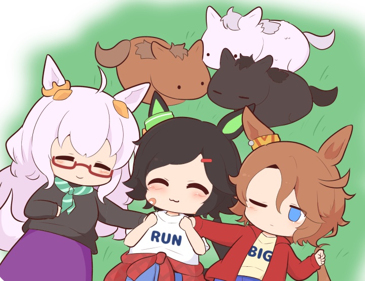 3girls, :3, ^_^, ahoge, animal, animal_ears, biwa_hayahide_(racehorse), biwa_hayahide_(umamusume)