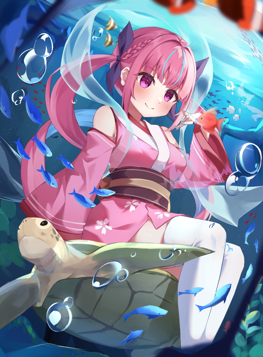 1girl, absurdres, ahoge, air_bubble, alternate_costume, blue_hair, blue_ribbon, blunt_bangs