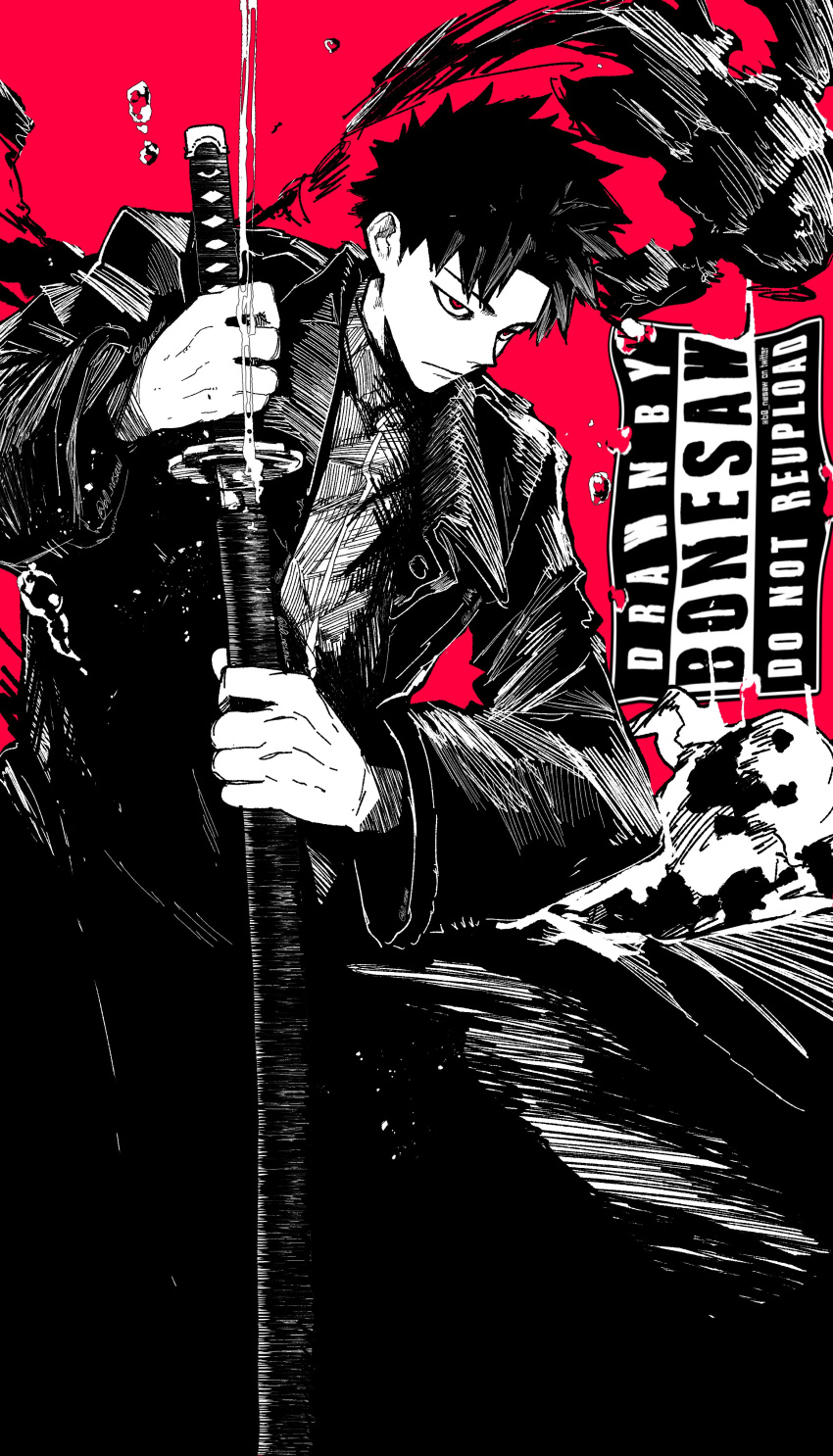 1boy, absurdres, artist_name, black_coat, black_hair, bonesaw_(artist), closed_mouth, coat