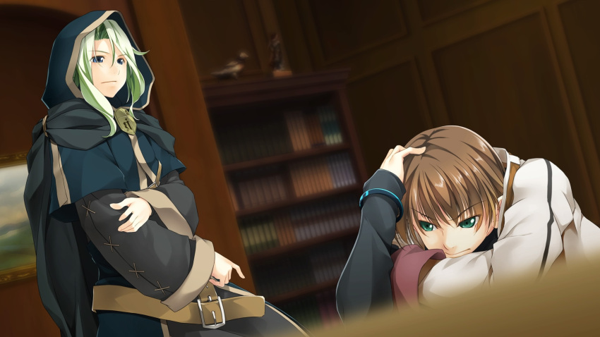 2boys, alto_travers, atelier-moo, belt, blue_eyes, bookshelf, brown_hair, cloak, closed_mouth, curtained_hair, elbows_on_table, green_eyes, green_hair, hair_between_eyes, hands_on_own_head, hands_on_own_knees, highres, hood, hood_up, hooded_jacket, jacket, long_sleeves, merak_yildis, multiple_boys, short_hair, standing, table, wizards_symphony