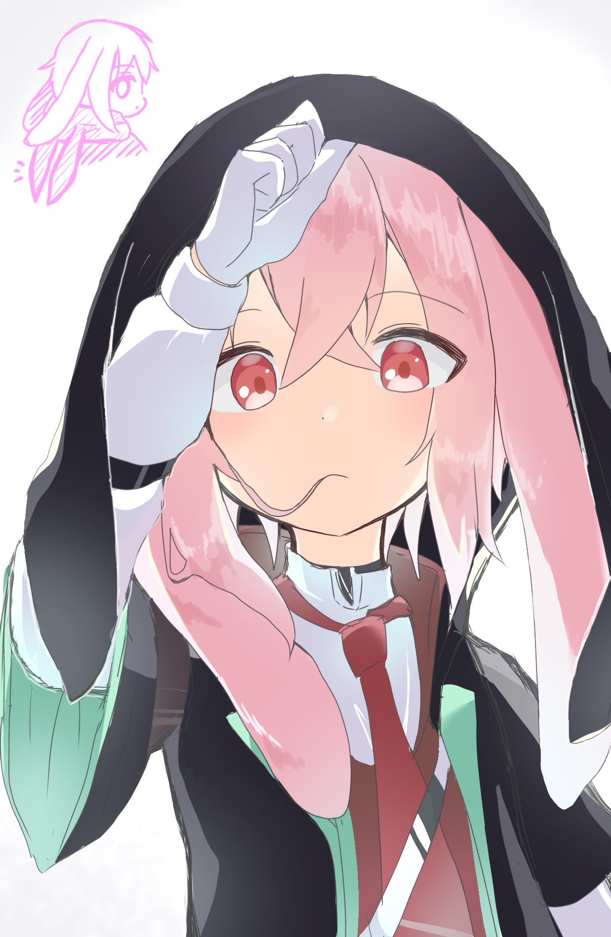 1boy, animal_ears, animal_hood, ansel_(arknights), arknights, arm_up, black_jacket, brown_vest