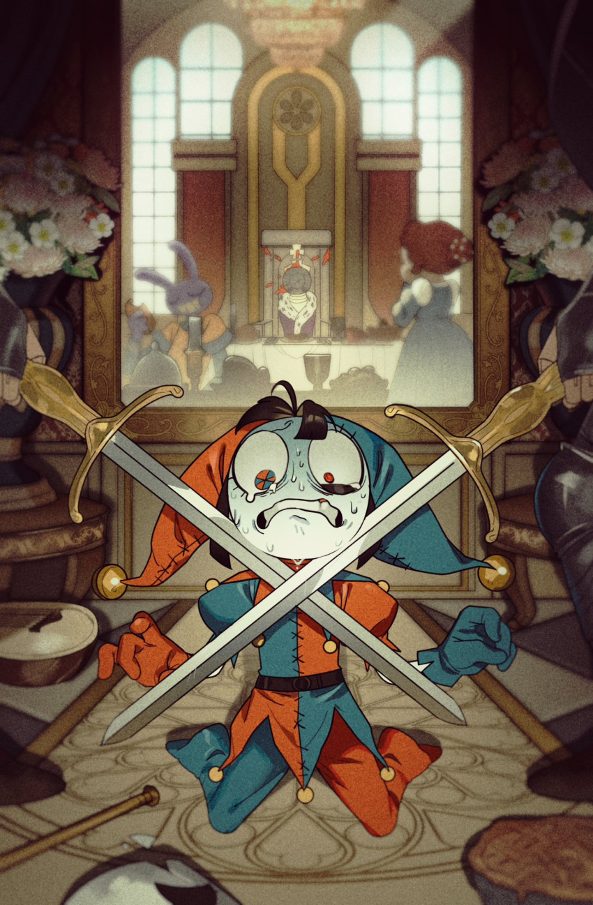 2boys, 2others, 3girls, alternate_universe, armor, asymmetrical_gloves, bags_under_eyes, belt