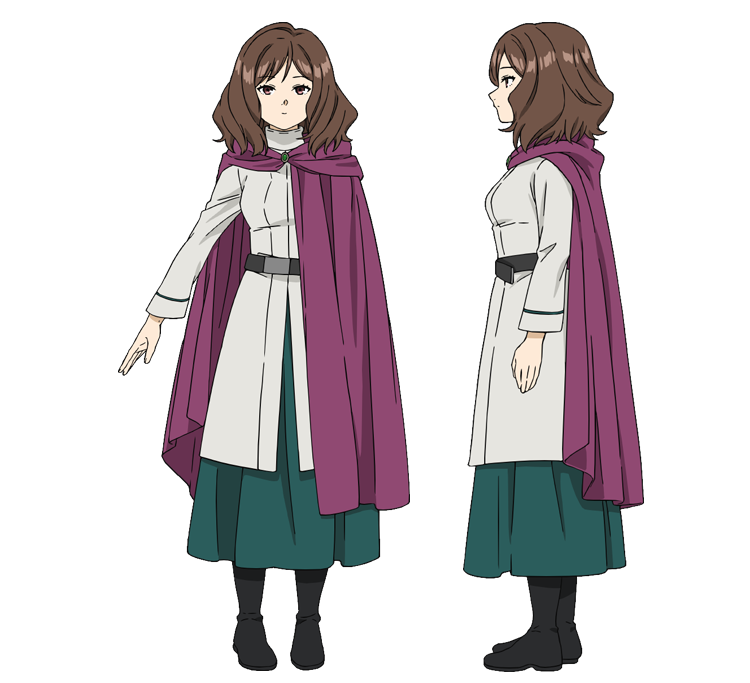 1girl, black_footwear, brooch, brown_hair, cloak, dress, ehre_(sousou_no_frieren), from_side