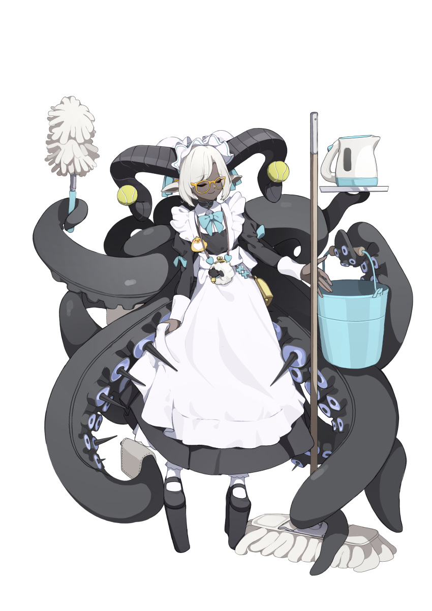 1girl, absurdres, animal_ears, apron, aqua_bow, aqua_bowtie, aqua_ribbon, bell