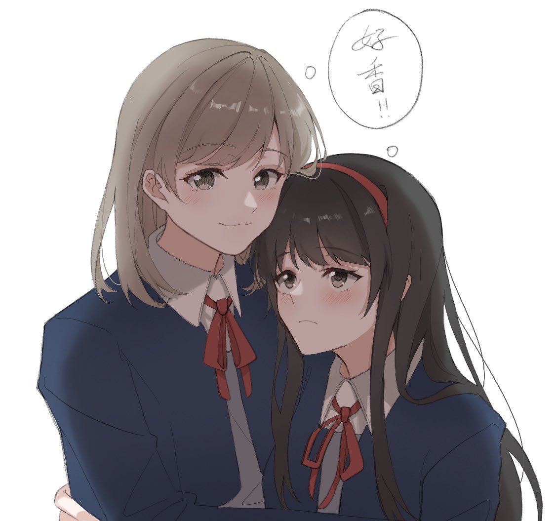 2girls, black_hair, blue_jacket, breasts, brown_eyes, brown_hair, chinese_commentary, chinese_text