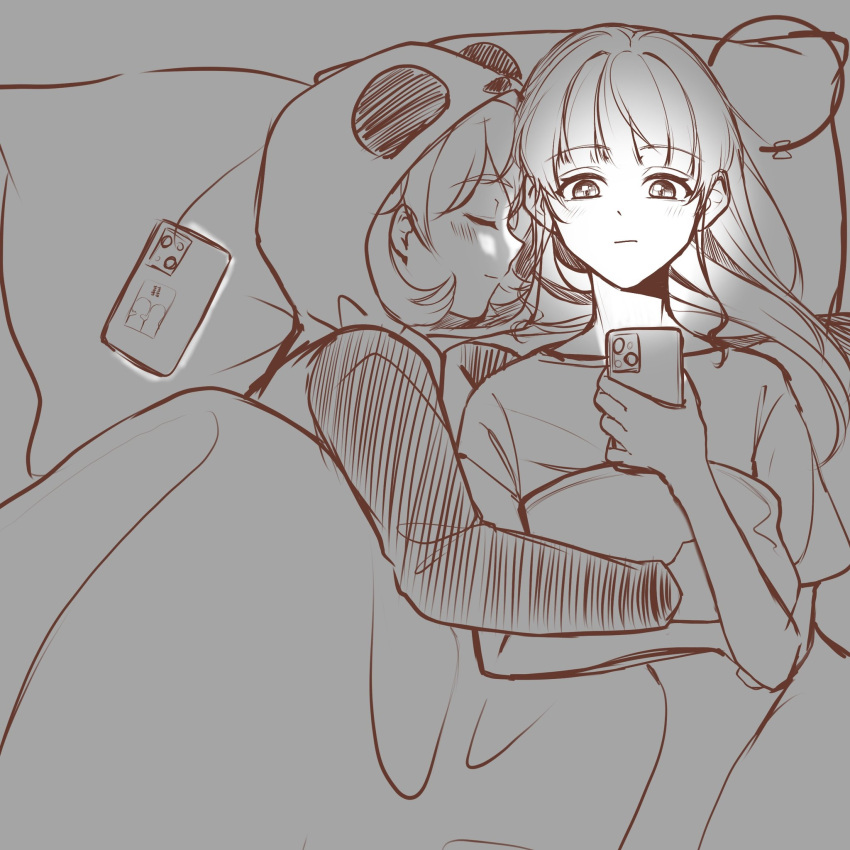 2girls, animal_costume, cellphone, closed_eyes, closed_mouth, commentary, from_above, greyscale
