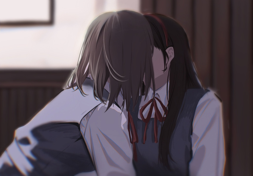 2girls, black_dress, blurry, blurry_background, brown_hair, chromatic_aberration, collared_shirt, dress