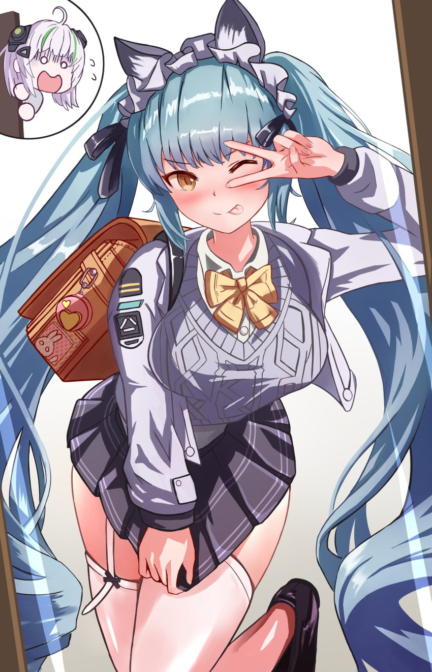 2girls, admi_(nikke), animal_ears, bag, black_skirt, blue_hair, blush, bow, cat_ears, cosplay, garter_straps, goddess_of_victory:_nikke, grey_sweater, heart, highres, long_hair, lunati_nikke, maid_headdress, multiple_girls, pleated_skirt, privaty_(nikke), privaty_(unkind_maid)_(nikke), school_bag, skirt, sweater, thigh-highs, tongue, tongue_out, twintails, v, white_garter_straps, yellow_bag, yellow_bow, yellow_eyes