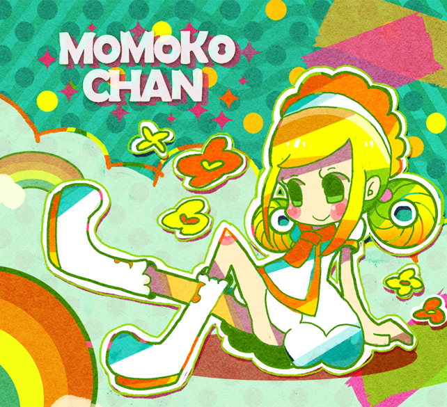 1girl, arm_support, asuka_momoko, blonde_hair, blush_stickers, character_name, flower, green_eyes